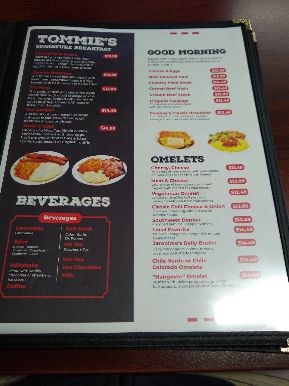 Diner menu with eggs, burgers, and drinks.